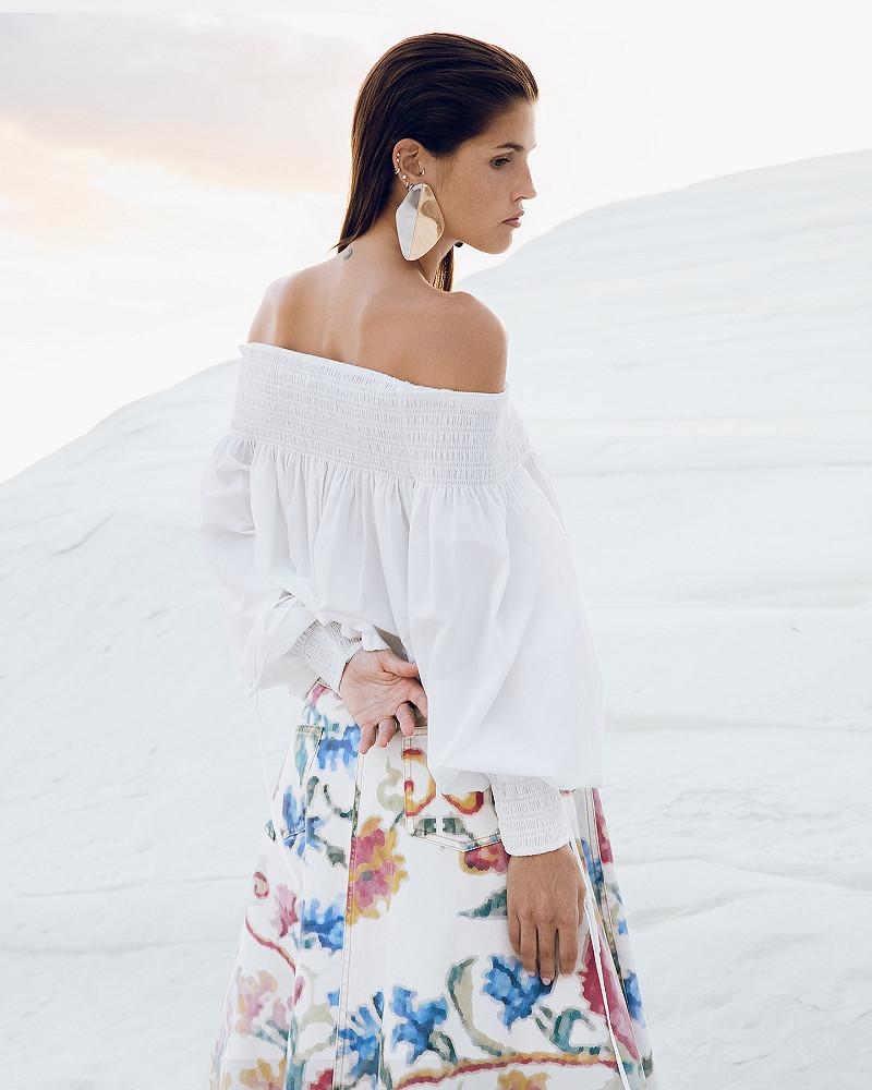 Mes Demoiselles Blouse Pyrite Top En Popeline De Coton Blanche Encolure Smockée