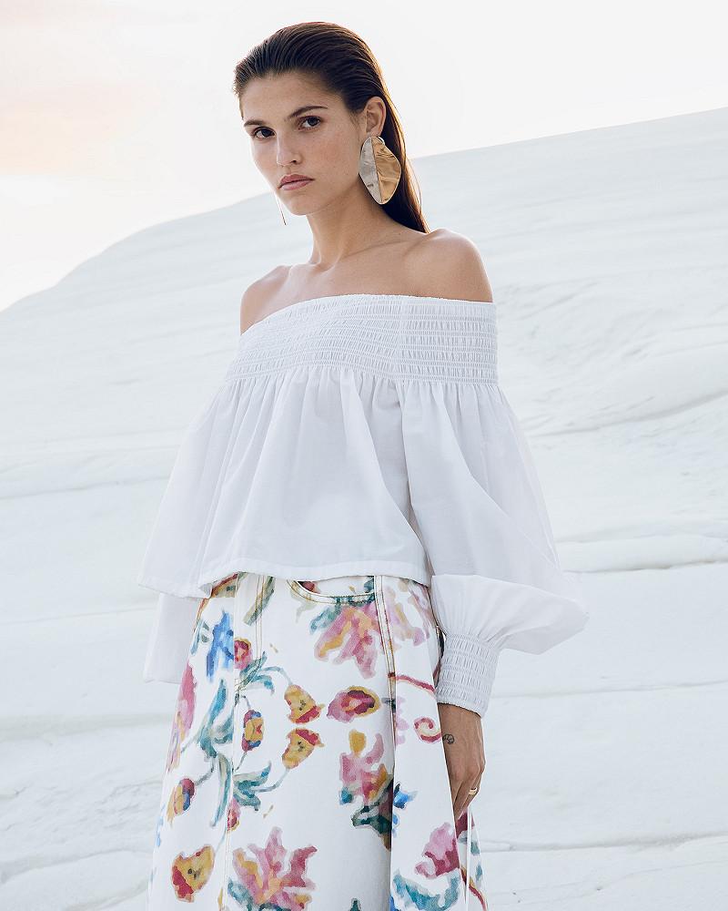 mes demoiselles blouse Pyrite Top en popeline de coton blanche encolure smockée