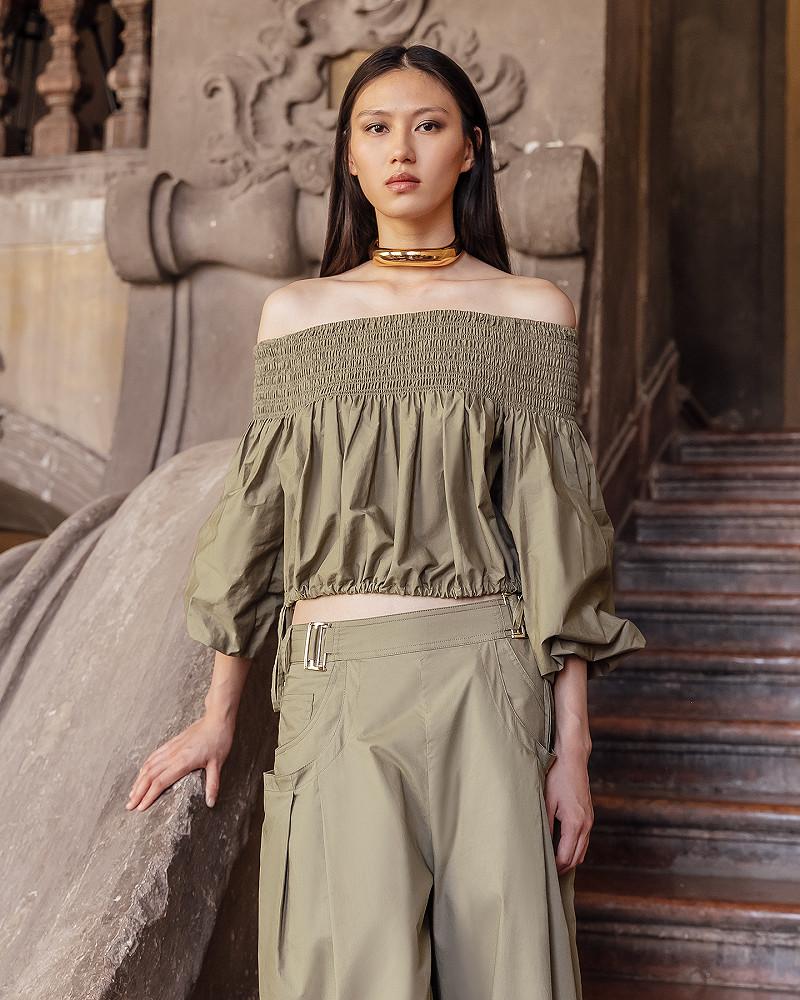 Mes Demoiselles Blouse Pyrite Top En Popeline De Coton Kaki Encolure Smockée