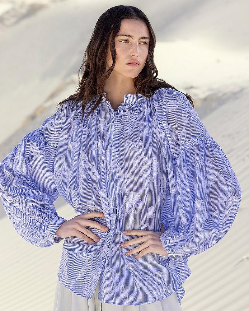 mes Demoiselles Blouse Thea Blouse En Jacquard De Coton Rayé Bleu Ciel Et Blanc