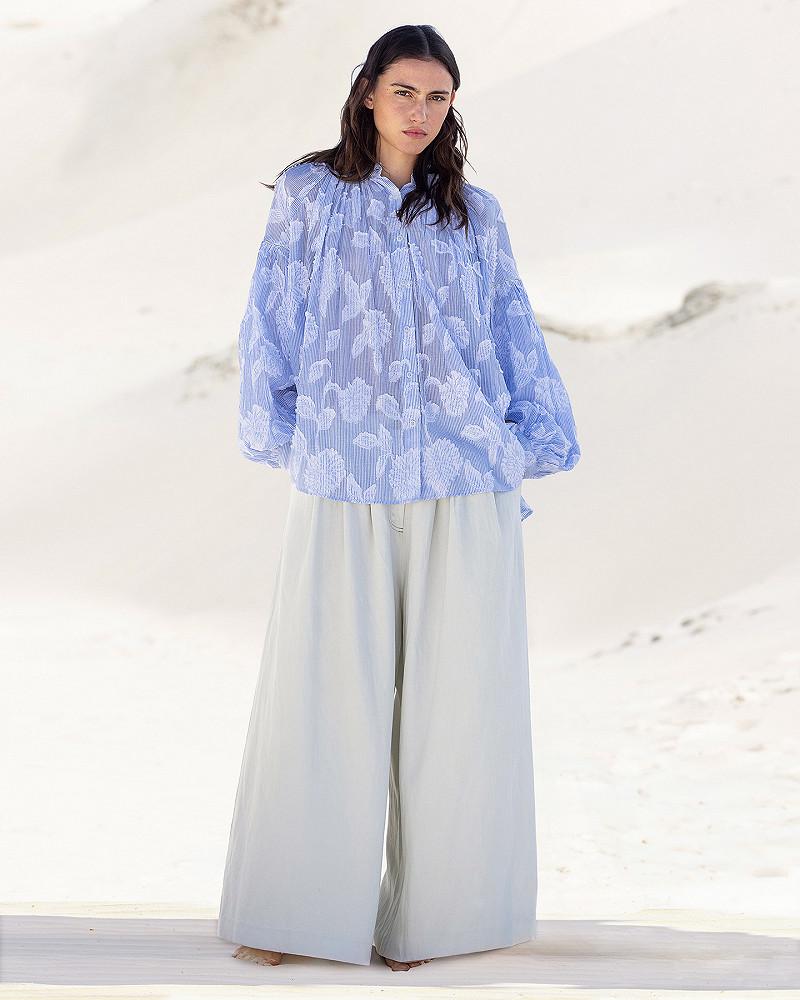 mes demoiselles blouse Thea Blouse en jacquard de coton rayé bleu ciel et blanc