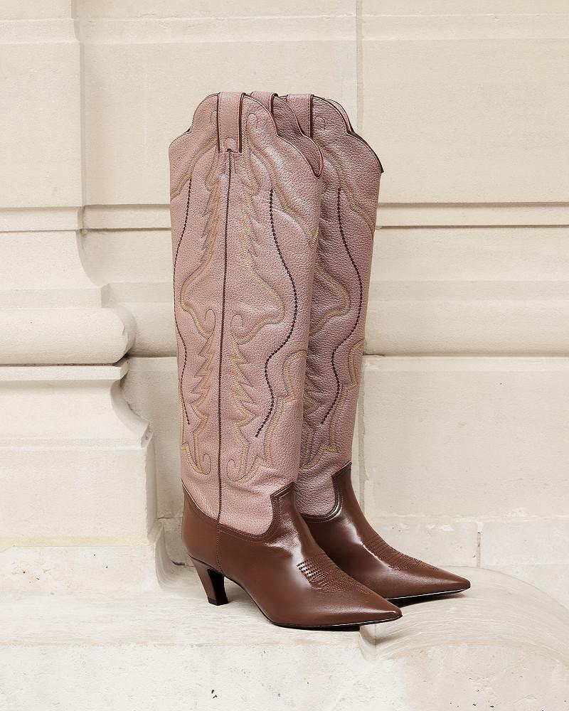 Mes Demoiselles Bottes Lora Bottes Hautes Western En Cuir Marron Rose