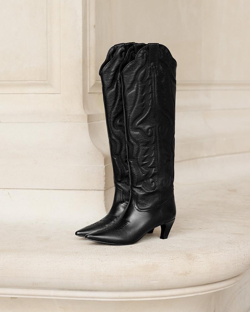 Mes Demoiselles Bottes Lora Bottes Hautes Western En Cuir Noir