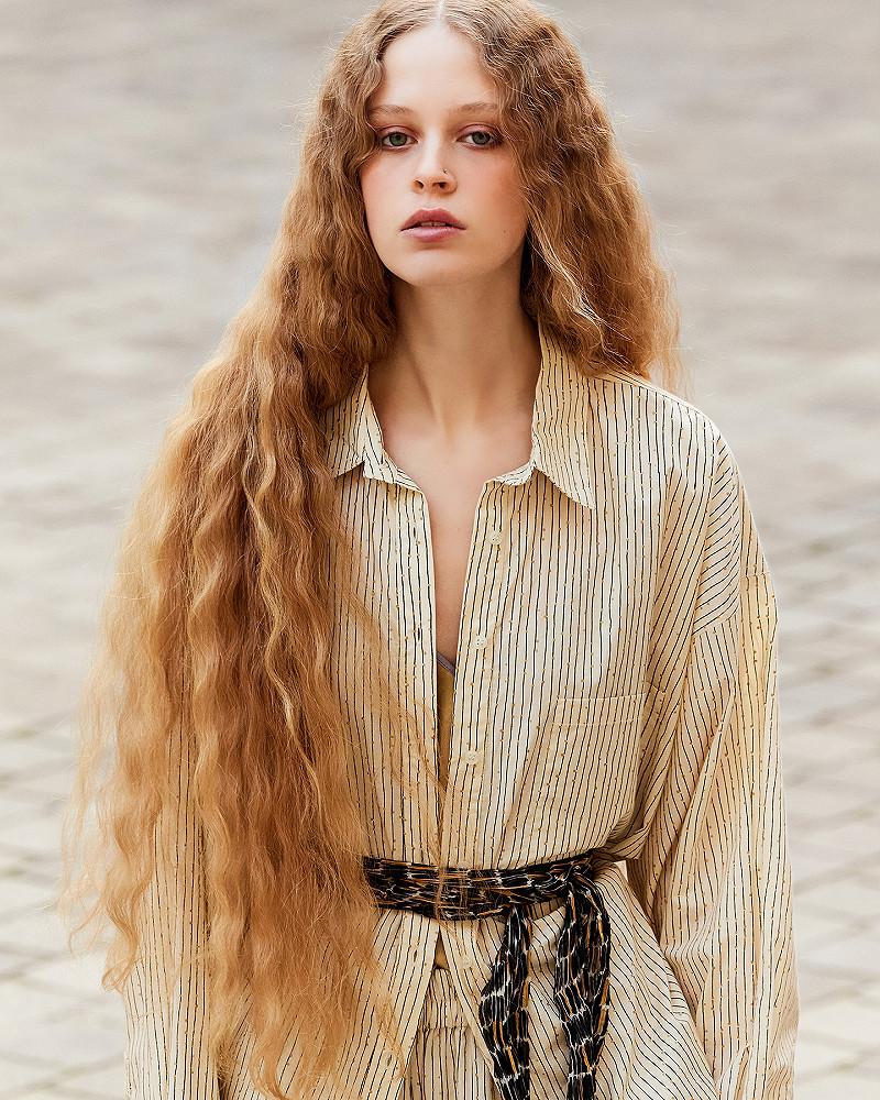 Mes Demoiselles Chemise Sumira Chemise En Popeline De Coton Beige Et Rayures Noir Et Gold