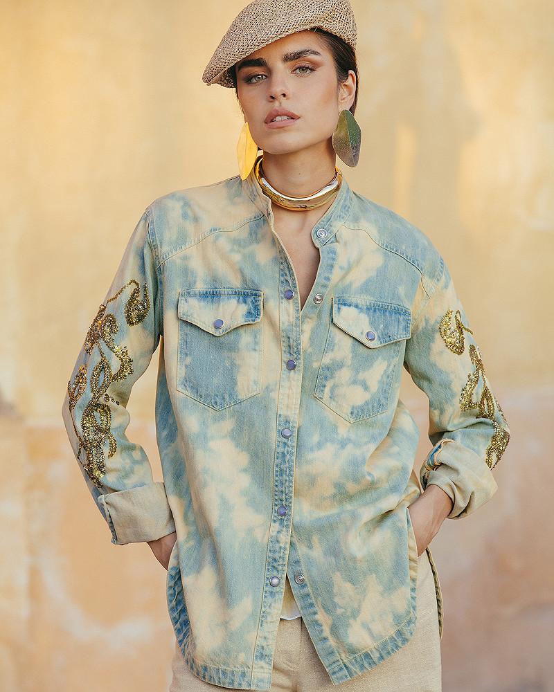 mes demoiselles chemise Unrock Veste chemise en jeans délavé à broderies