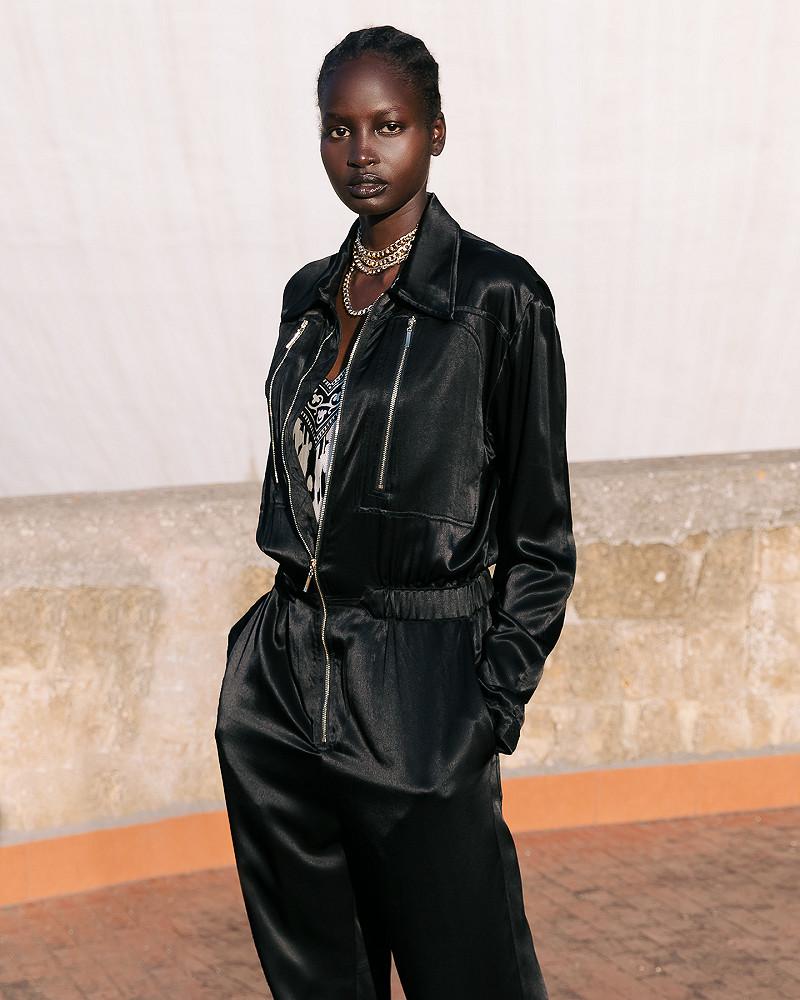 Mes Demoiselles Combinaison Silim Longue Combinaison Pantalon Noire En Satin Viscose