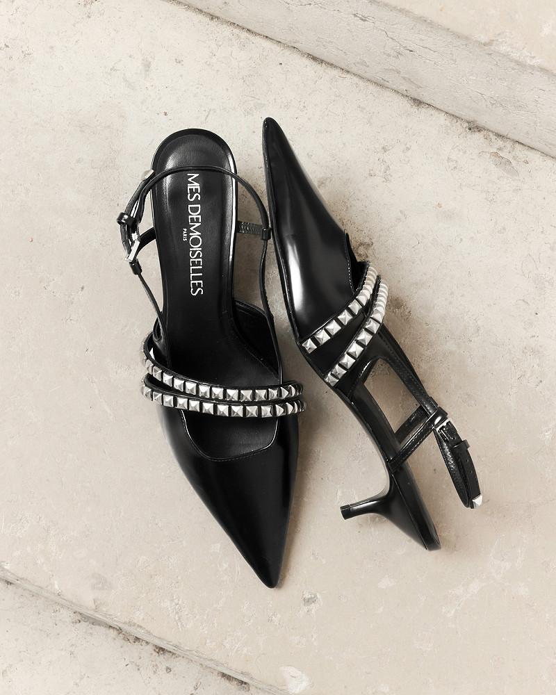Mes Demoiselles Escarpins Tasha Escarpin En Cuir Noir Avec Brides Argentées