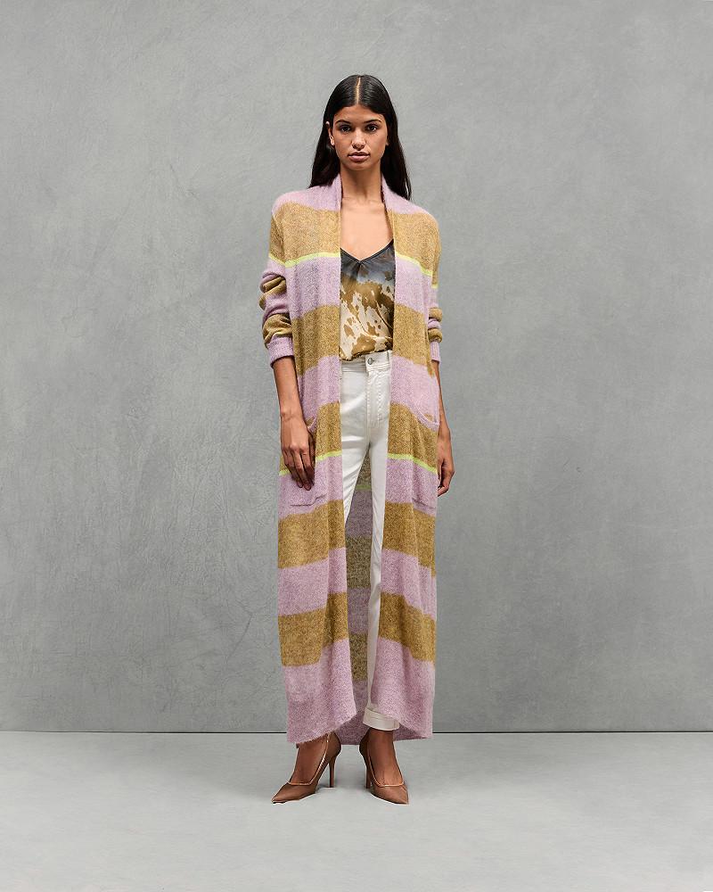mes demoiselles gilet Dayana Long cardigan maille souple alpaga et laine ocre et rose