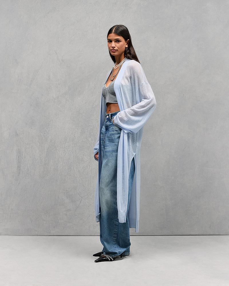 Mes Demoiselles Gilet Smokey Long Cardigan En Mailles Superfine Bleu Ciel