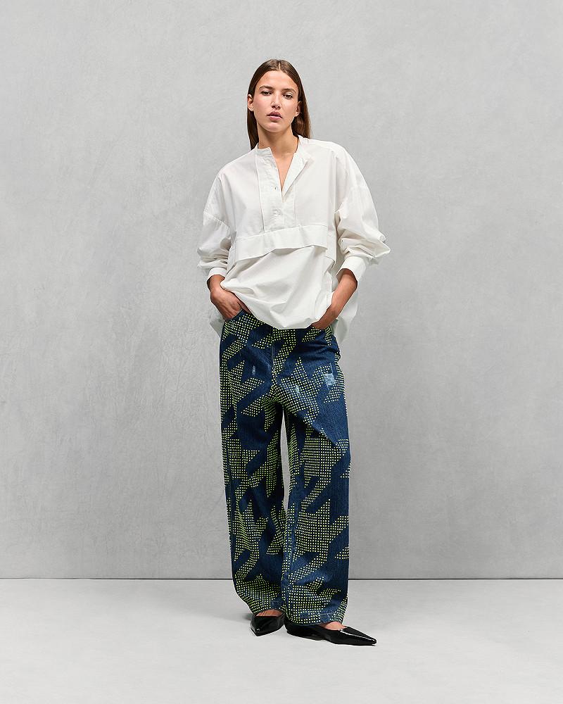 mes demoiselles jeans Redim Pantalon en toile denim et clous fluo