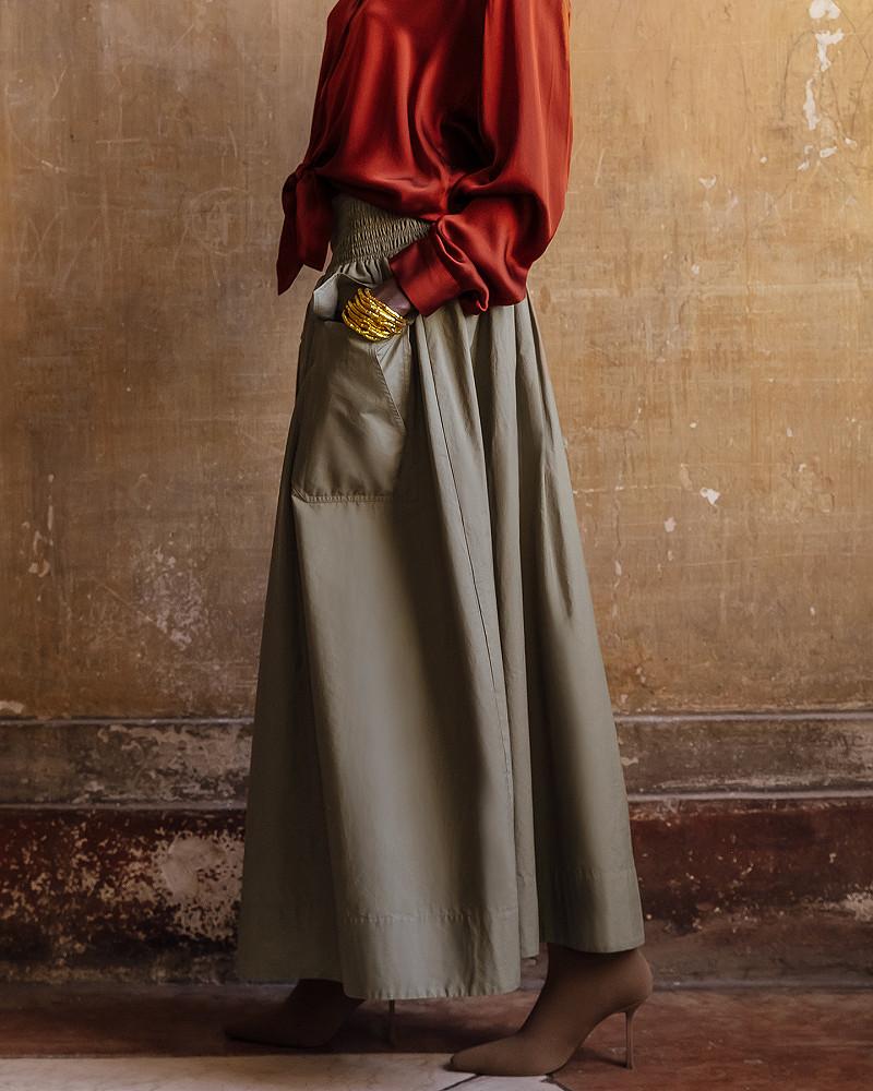 Mes Demoiselles Jupe Pelambre Longue Jupe Kaki En Popeline De Coton Craquante