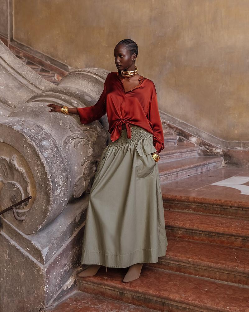 mes demoiselles jupe Pelambre Longue jupe kaki en popeline de coton craquante