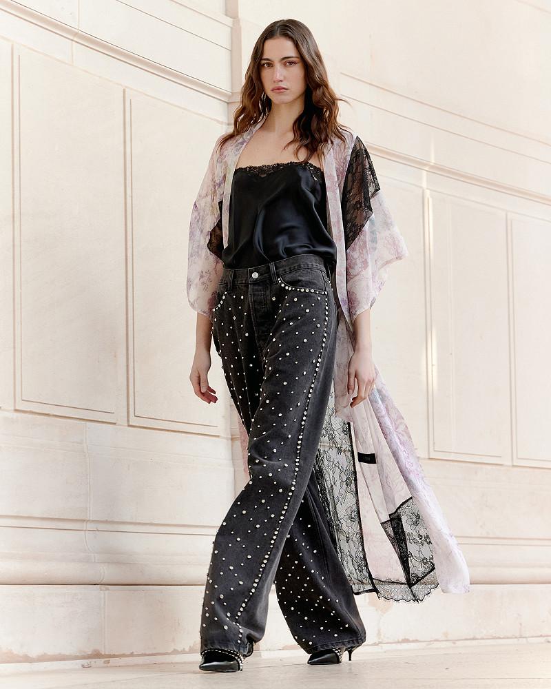 Mes Demoiselles Kimono Pivera Long Kimono Vaporeux Rose Et Dentelle Noire