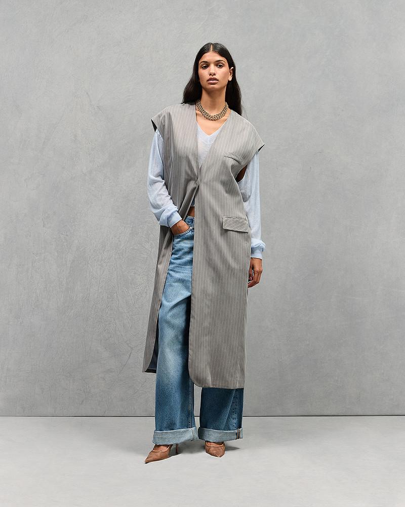 mes demoiselles manteau Madern Manteau sans manches rayé gris et taupe