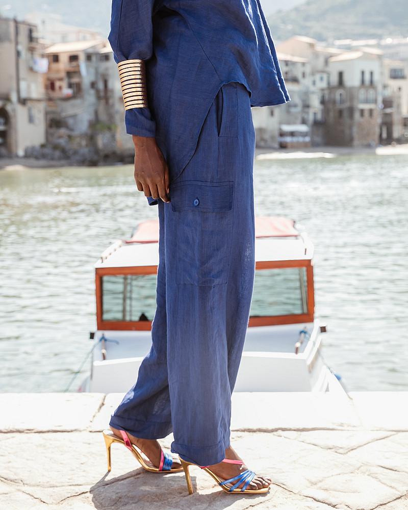 mes demoiselles pantalon Cyr Pantalon souple en toile de lin bleu klein