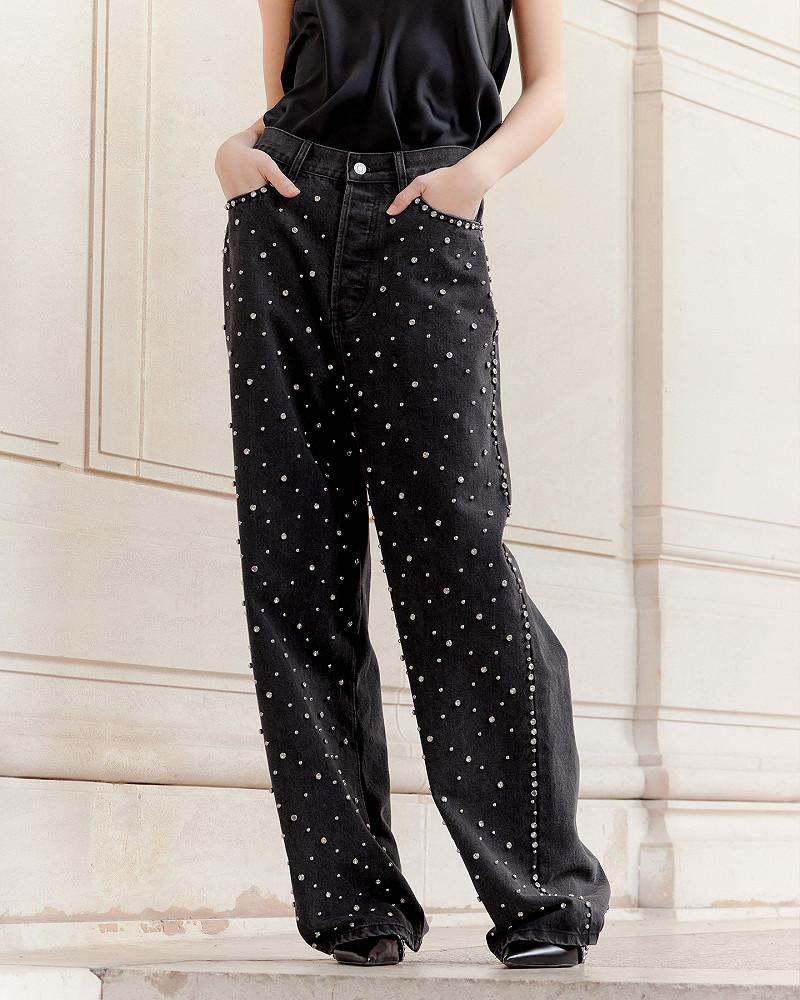 Mes Demoiselles Pantalon Manny Jean Oversize Noir Avec Détails Argentés