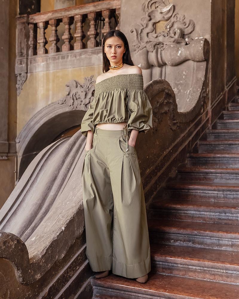 Mes Demoiselles Pantalon Paline Pantalon Large En Popeline Craquante Kaki