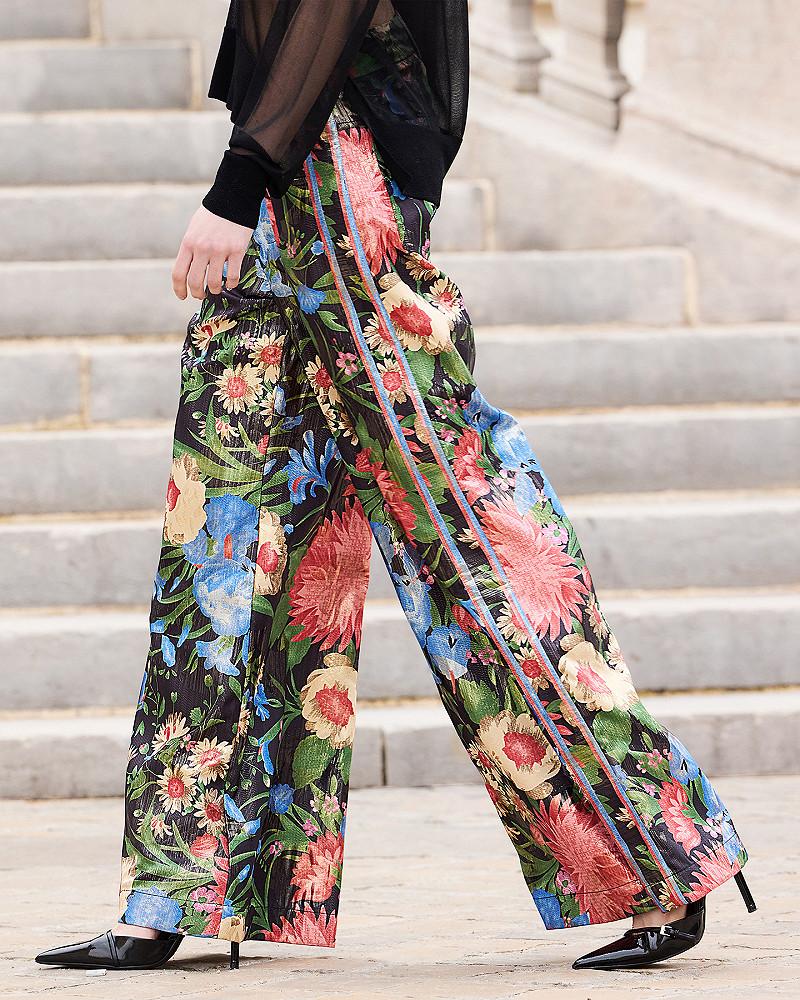 Mes Demoiselles Pantalon Rosa Pantalon Large En Jacquard Lurex Imprimé Grandes Fleurs