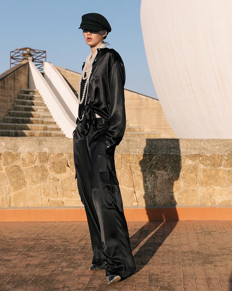 mes demoiselles pantalon Silma Pantalon noir long et ample avec poches côtés