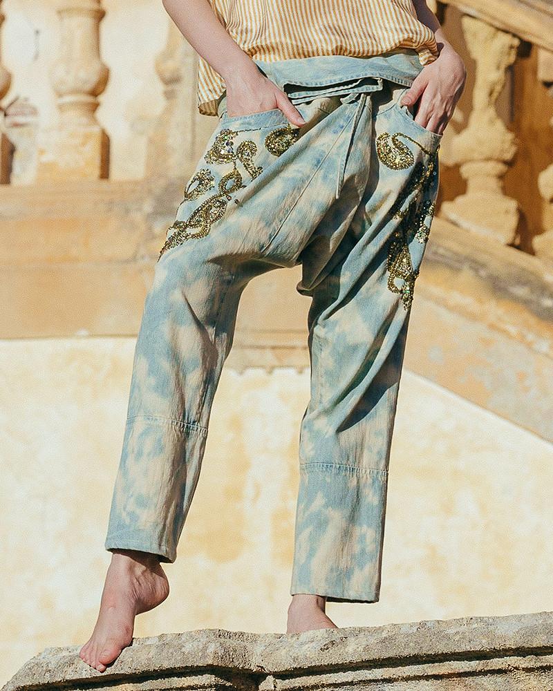 Mes Demoiselles Pantalon Ursul Pantalon Saroual En Jeans Délavé Et Brodé