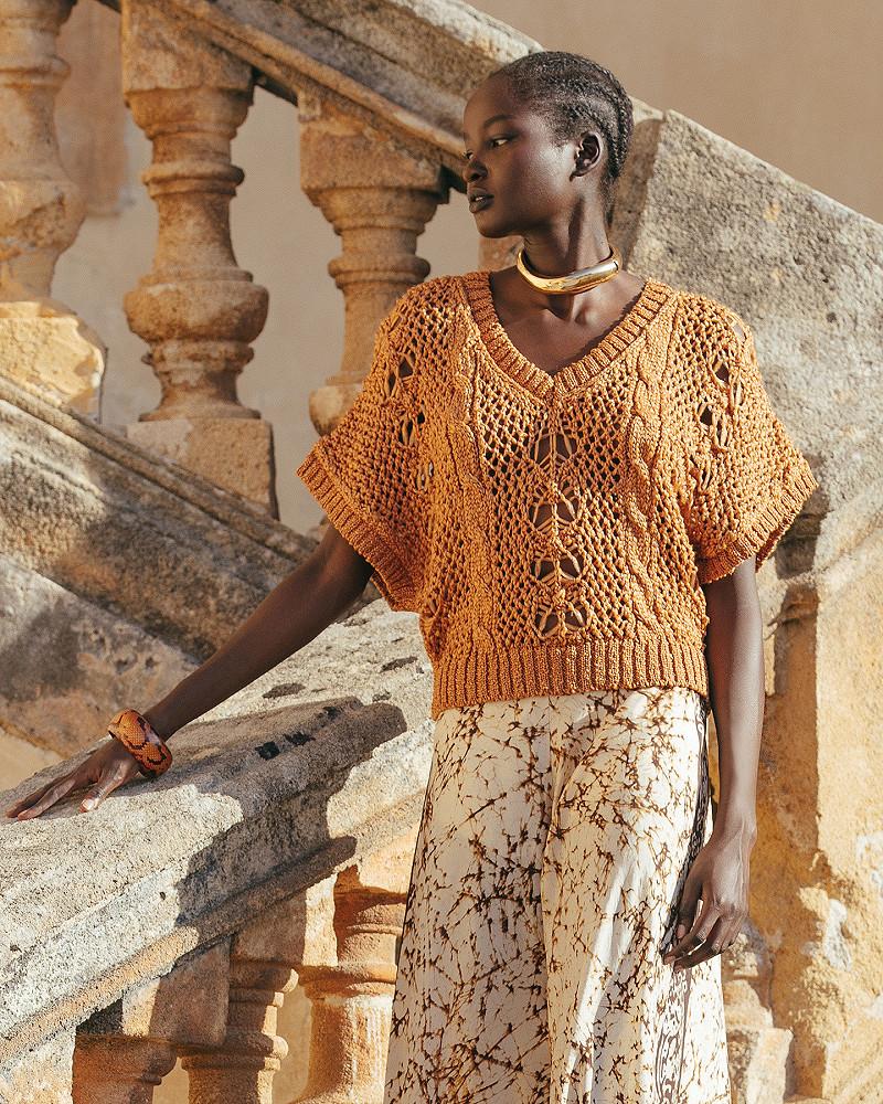 Mes Demoiselles Pull Capria Tricot En Tissage Ajouré Ocre