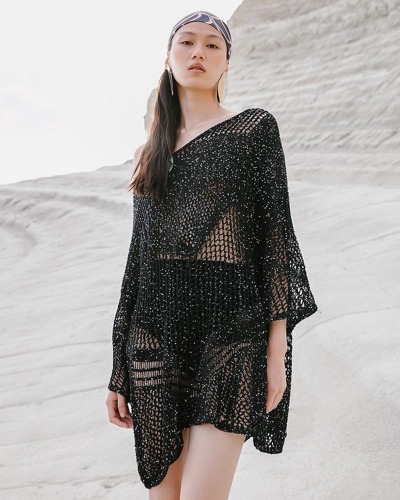 Mes Demoiselles Pull Star Sweater En Mailles Ajourées Et Pailletées Noires