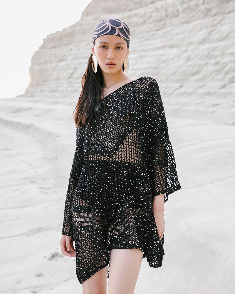 Mes Demoiselles Pull Star Sweater En Mailles Ajourées Et Pailletées Noires