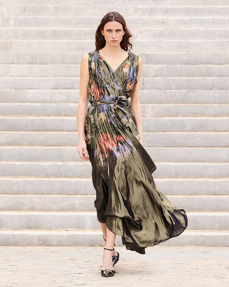 mes demoiselles robe Baby Robe longue croisée en voile lurex imprimé floral fondu