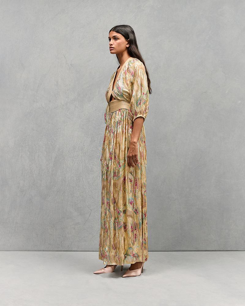 Mes Demoiselles Robe Fannie Robe Longue Jaune Et Rose En Fil Lurex