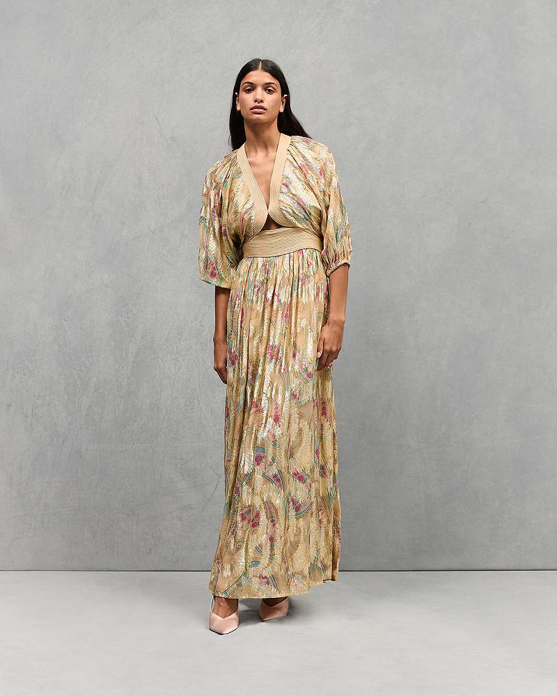 mes demoiselles robe Fannie Robe longue jaune et rose en fil lurex