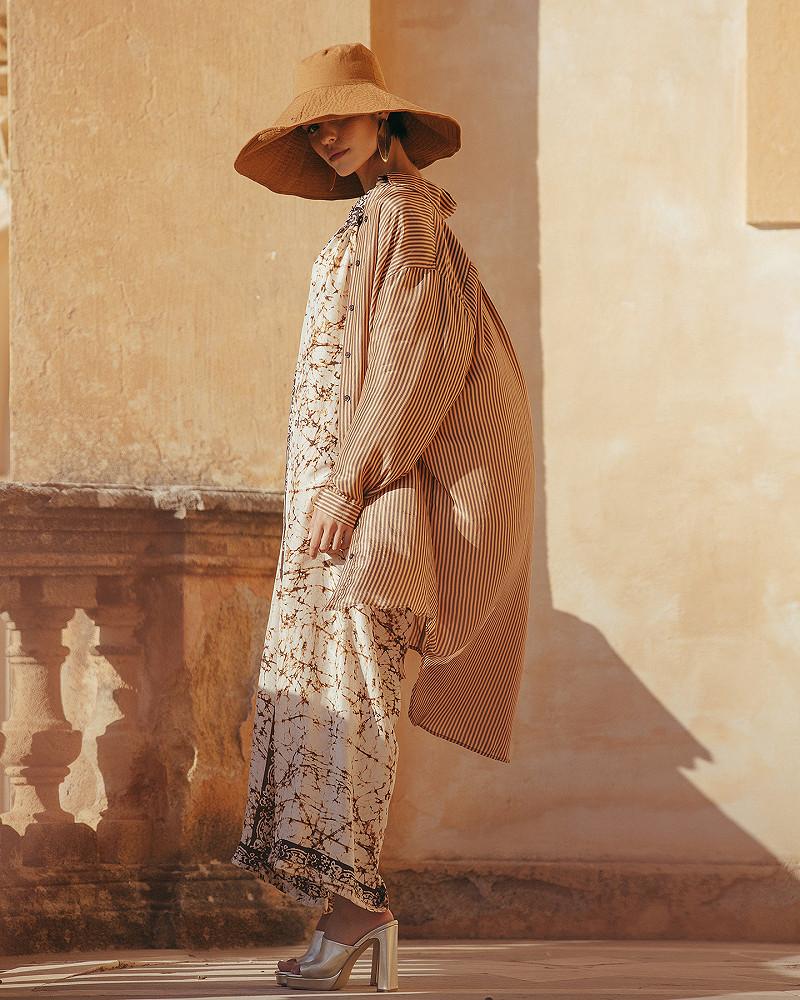 Mes Demoiselles Robe Hiva Longue Chemise En Soie Rayée Chocolat
