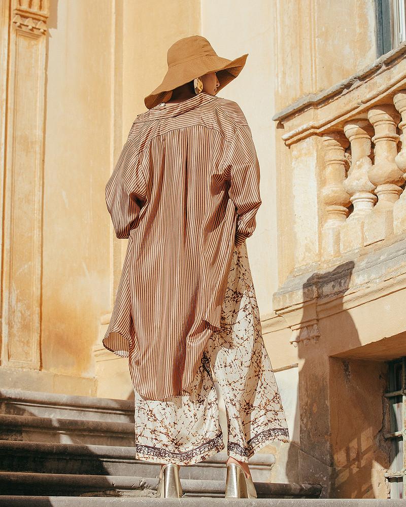 Mes Demoiselles Robe Hiva Longue Chemise En Soie Rayée Chocolat