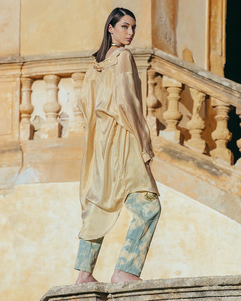 Mes Demoiselles Robe Hiva Longue Chemise En Soie Rayée Ocre