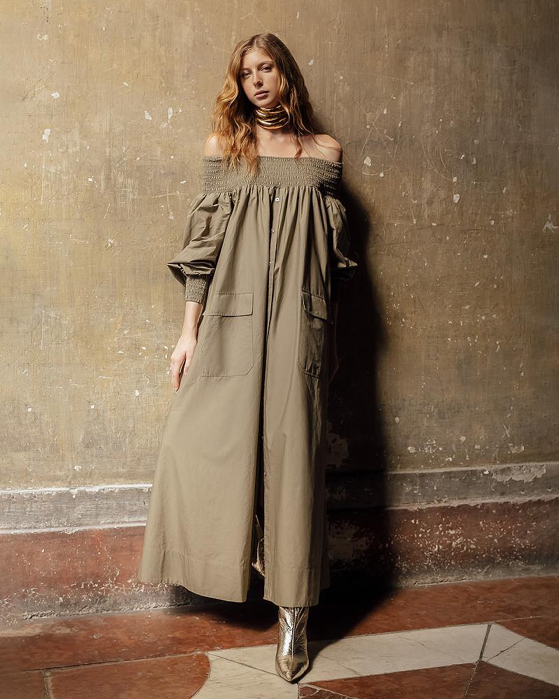 mes demoiselles robe Parimar Robe longue kaki en popeline de coton craquante