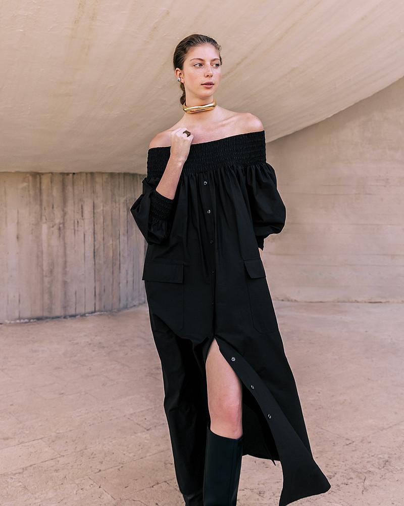 mes demoiselles robe Parimar Robe longue noire en popeline de coton craquante