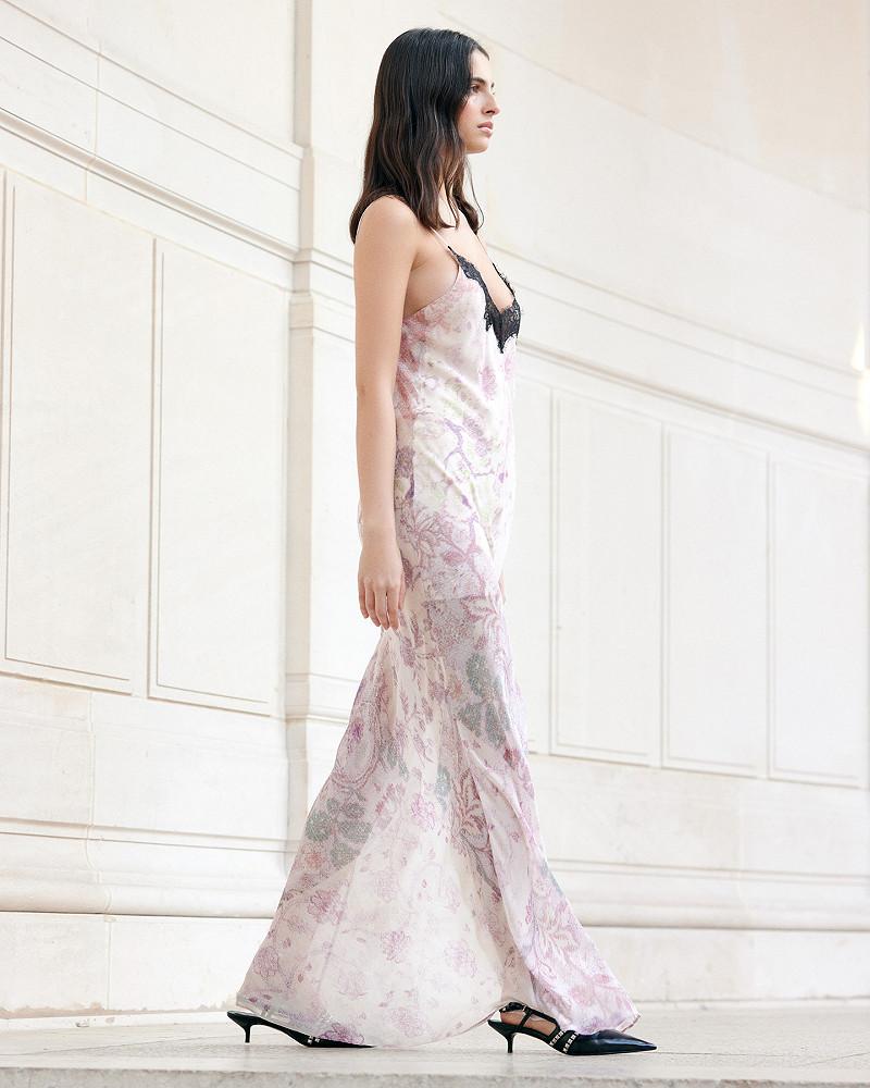 Mes Demoiselles Robe Primrose Robe Longue Imprimé Fondu Délicat Et Dentelle Noire
