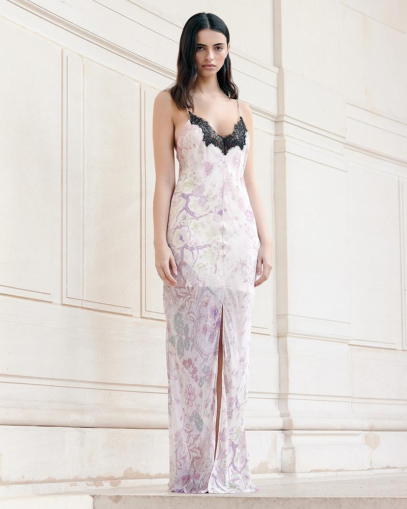 mes demoiselles robe Primrose Robe longue imprimé fondu délicat et dentelle noire