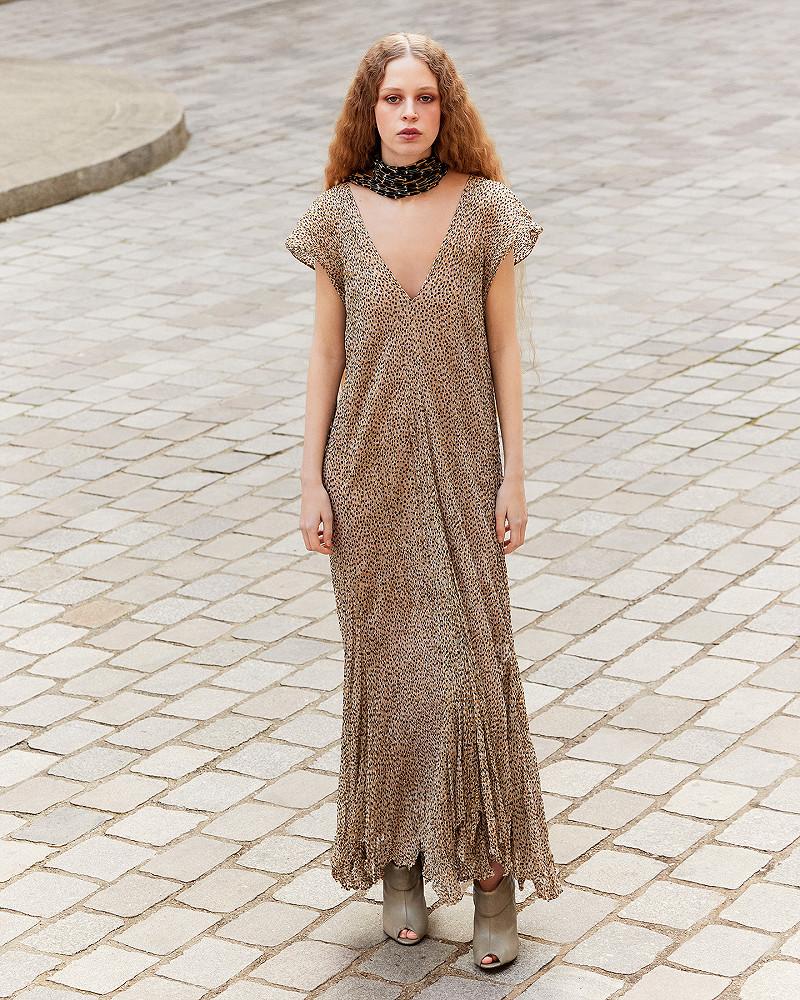 Mes Demoiselles Robe Sami Longue Robe En Viscose Craquante Beige Et Pois Noir Et Gold
