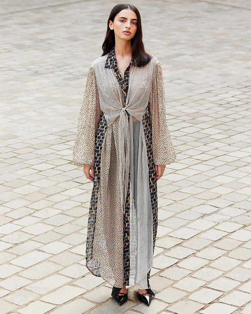Mes Demoiselles Robe Samiba Elégante Longue Robe Chemise En Viscose Chiffon Gold Beige Et Noire