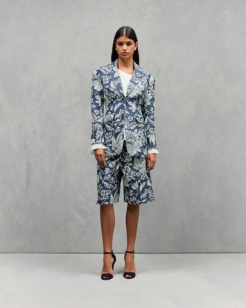 Mes Demoiselles Short Didi Bermuda Long En Tissu Jacquard Denim Bleu Et écru