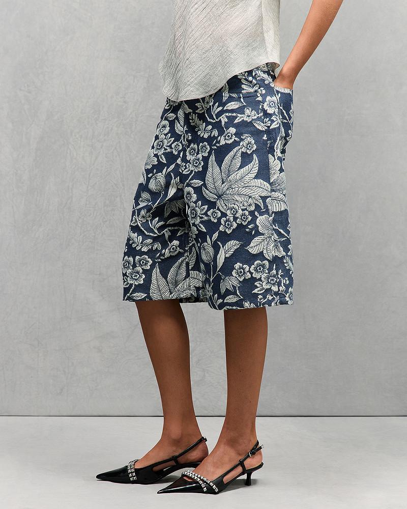 Mes Demoiselles Short Didi Bermuda Long En Tissu Jacquard Denim Bleu Et écru