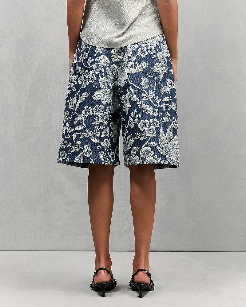 Mes Demoiselles Short Didi Bermuda Long En Tissu Jacquard Denim Bleu Et écru