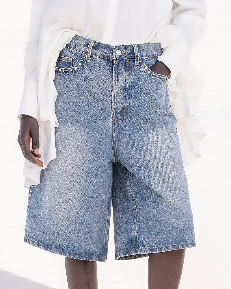 Mes Demoiselles Short Muffin Bermuda Long En Denim Bleu Et Pièces Argentés