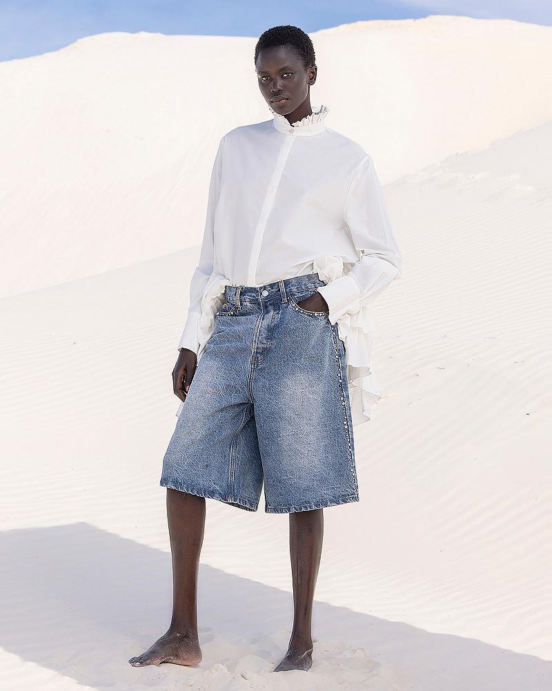 mes demoiselles short Muffin Bermuda long en denim bleu et pièces argentés