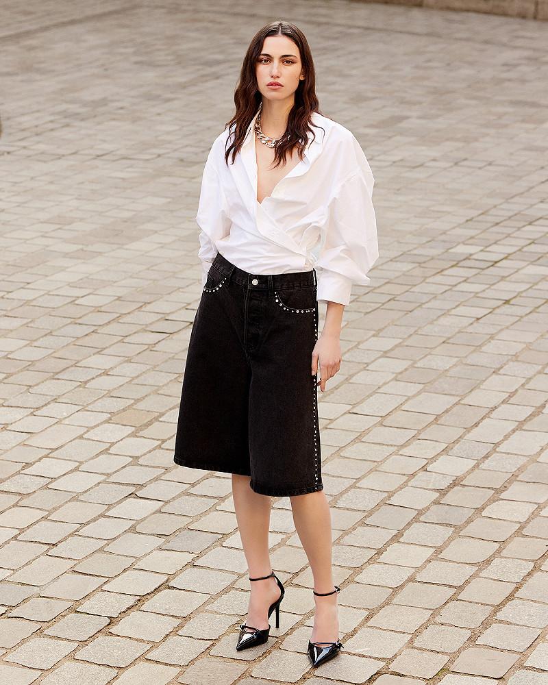 Mes Demoiselles Short Muffin Bermuda Long En Denim Noir Et Pièces Argentés