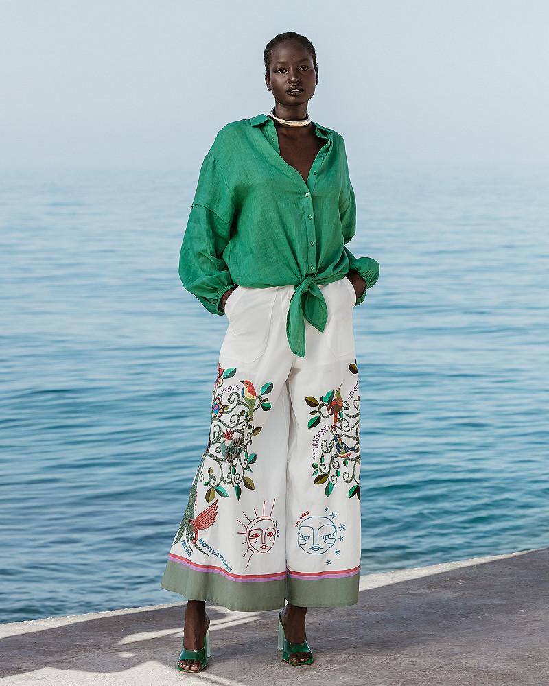 mes demoiselles top Tophora Pantalon large et long en popeline brodée