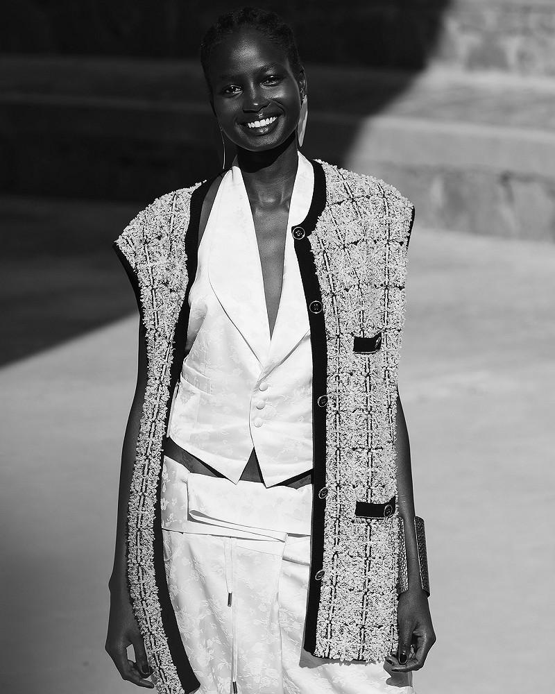 Mes Demoiselles Veste Cadi Gilet Long En Tweed Navy Et Ecru