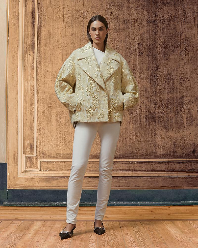 mes demoiselles veste Rolly Veste courte écru en jacquard avec tissage lurex doré