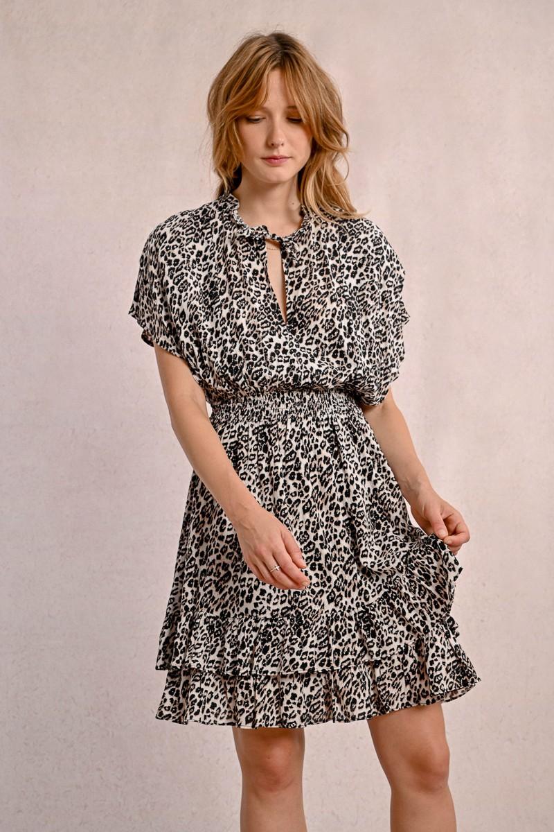 Molly Bracken Robe Courte à Volants Léopard