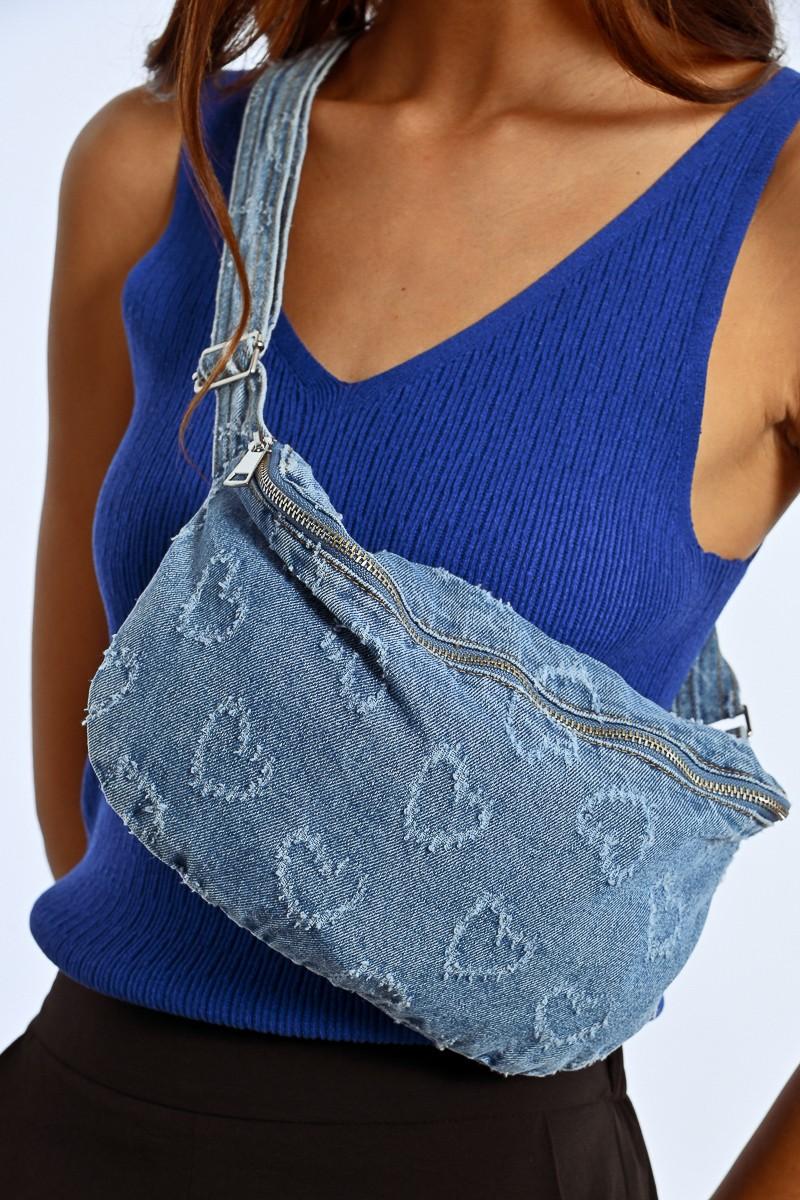molly bracken Sac banane en jean motif cœur